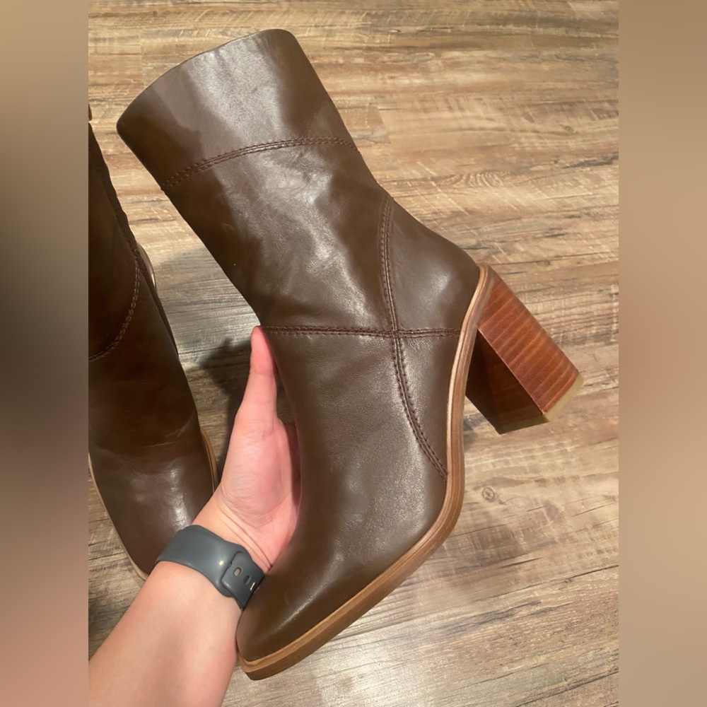 Classic Brown Leather Block Heel Mid-Calf Boots - Picture 7 of 11